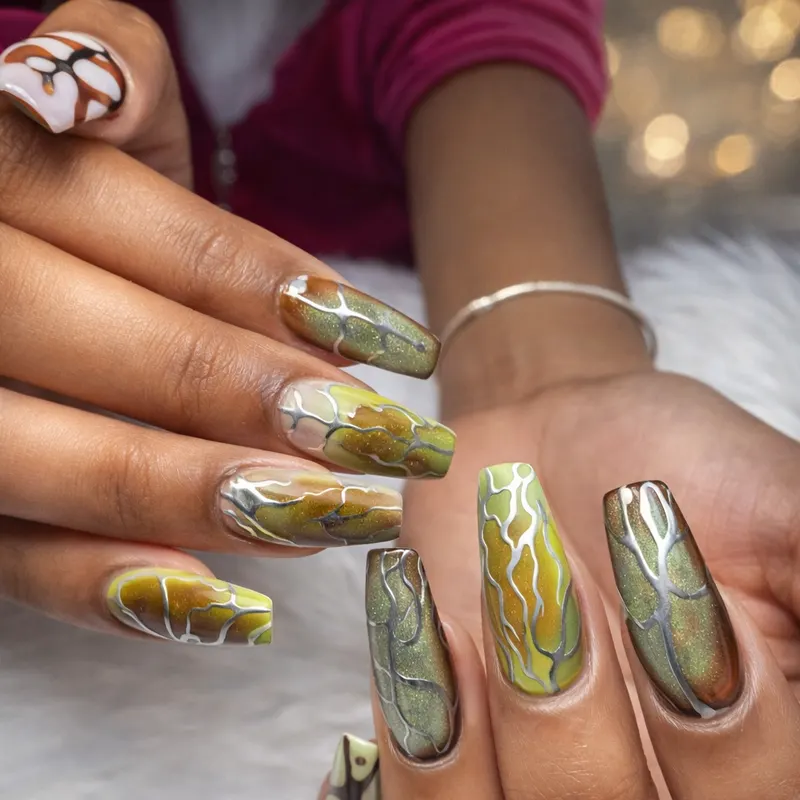 Acrylic, chrome, design, nail enhancements, vein, overlay, metallic, Y2K by Unlimited Nail Systems in Sugar Land, TX