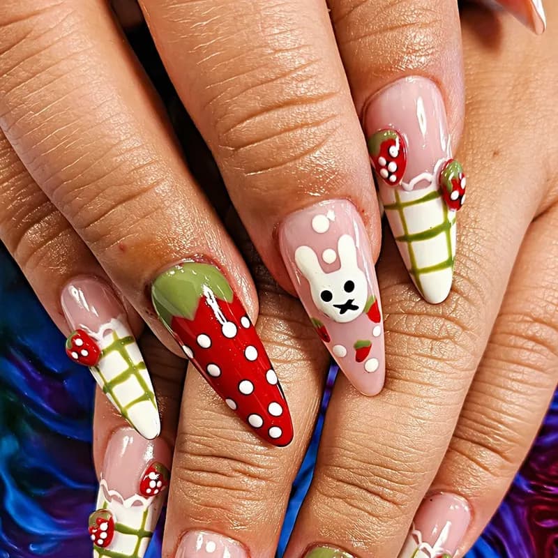 Gel, French, 3D, nail art, nail enhancements, design, strawberry by Unlimited Nail Systems in Sugar Land, TX