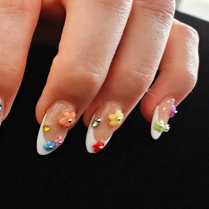Acrylic, French, 3D, design, floral, beads, gems, nail enhancements by Unlimited Nail Systems in Sugar Land, TX