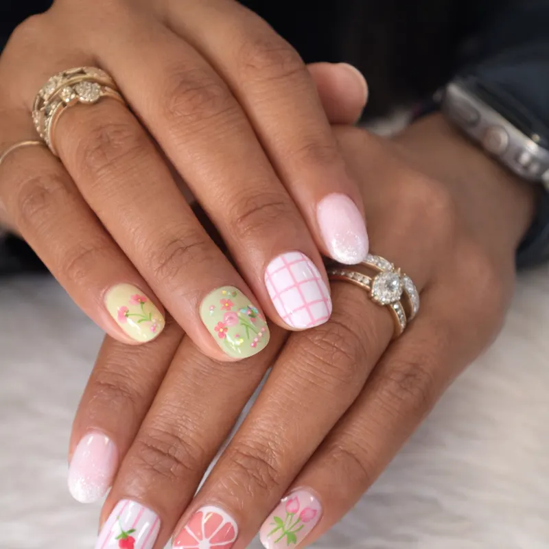 Acrylic, gel, nail enhancements, country French, design, floral by Unlimited Nail Systems in Sugar Land, TX
