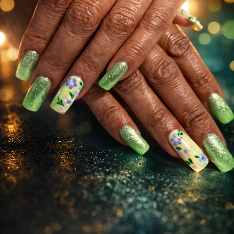 Builder gel, mettalic, chrome, nail art, floral by Unlimited Nail Systems in Sugar Land, TX