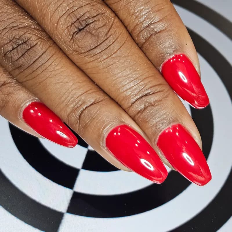 Builder gel, shellac, gloss, ferrari, red by Unlimited Nail Systems in Sugar Land, TX