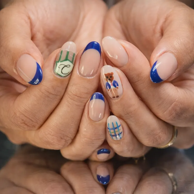 Nail enhancements, acrylic, French, bear, design by Unlimited Nail Systems in Sugar Land, TX