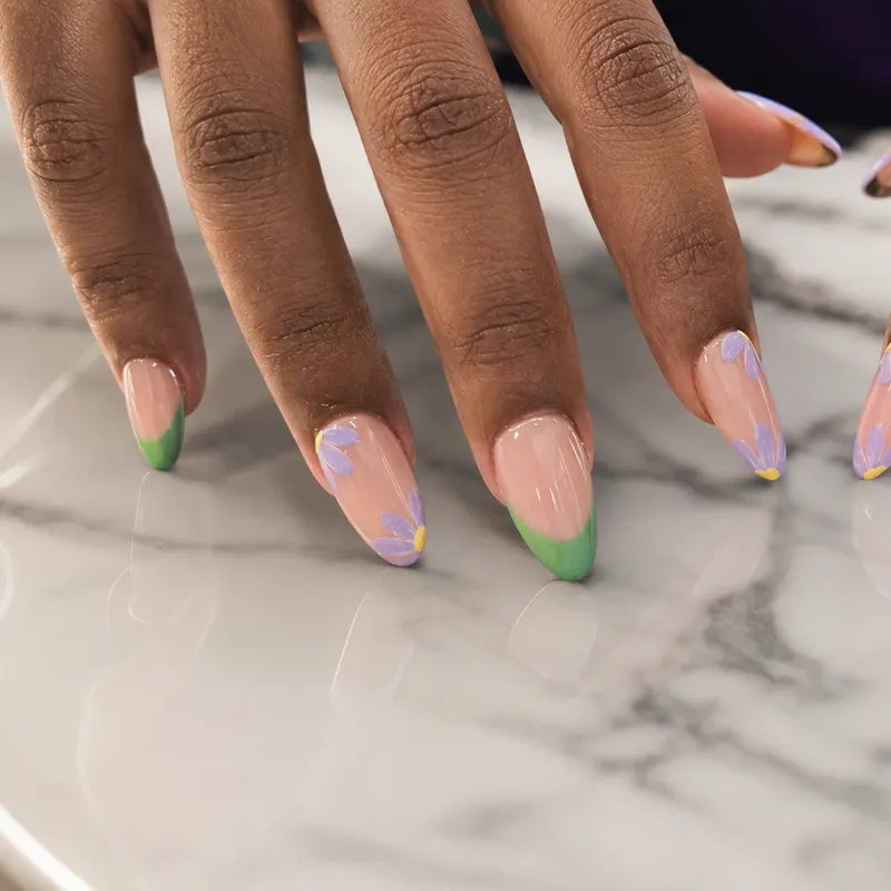 Nail enhancements, builder gel, acrylic, design, floral, French by Unlimited Nail Systems in Sugar Land, TX
