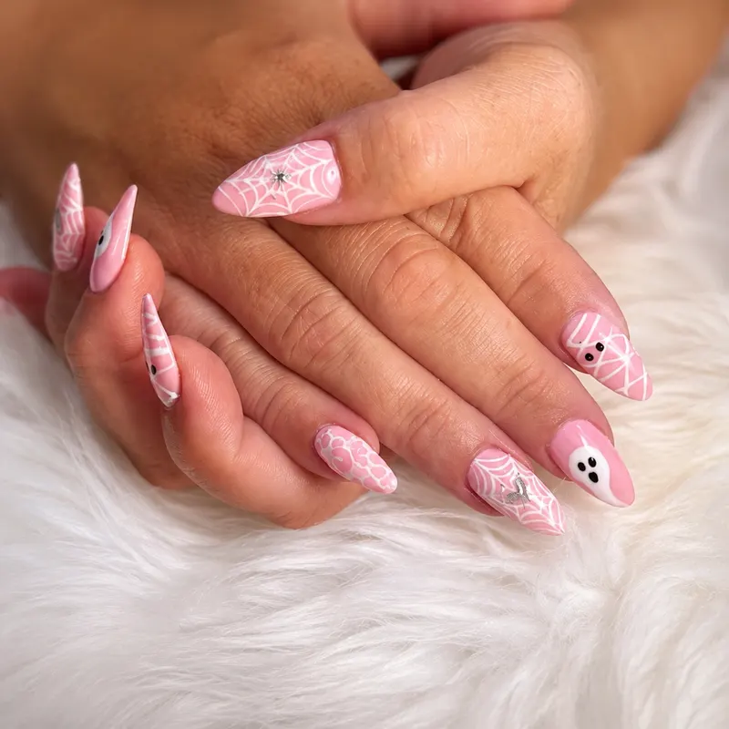 Nail enhancements, builder gel, acrylic, pink and white, spiderweb, gems, design, ghost by Unlimited Nail Systems in Sugar Land, TX