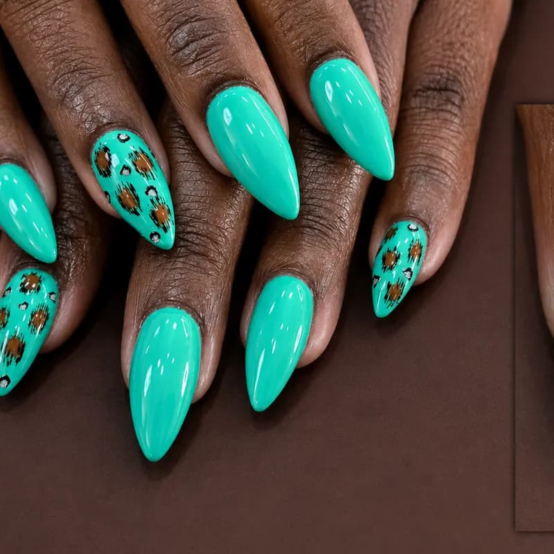 Nail enhancements, builder gel, leopard, mint, acrylic, turquoise by Unlimited Nail Systems in Sugar Land, TX