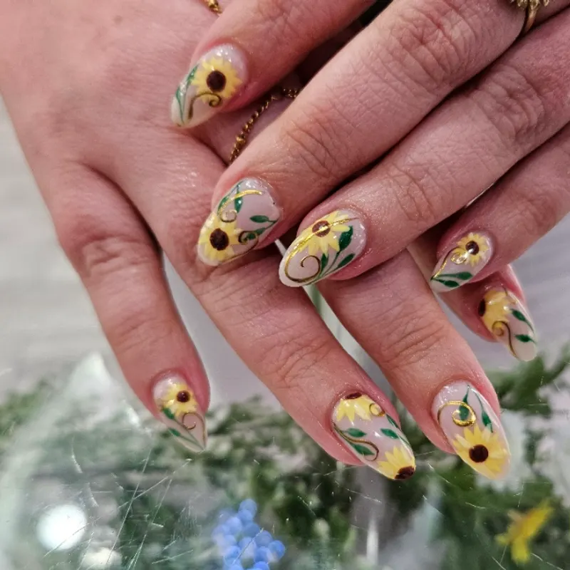 Nail enhancements, builder gel, sunflower, design, opaque, natural by Unlimited Nail Systems in Sugar Land, TX