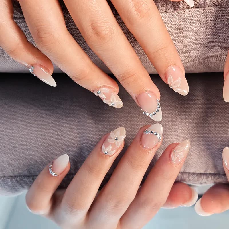 Nail enhancements, French, design, 3D, pearl, floral, jewels, builder gel, pink and white by Unlimited Nail Systems in Sugar Land, TX