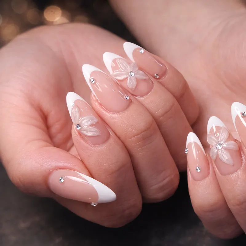 Nail enhancements, Gel-X, French, studs, 3D, jewel stones by Unlimited Nail Systems in Sugar Land, TX