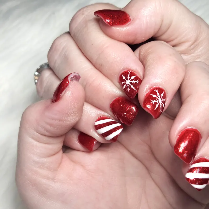 Gel, nail art, graphic design, Christmas by Unlimited Nail Systems in Sugar Land, TX